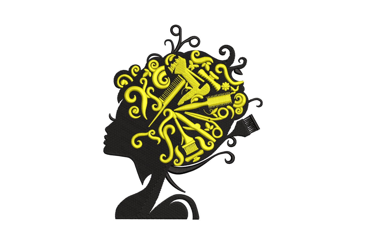 Side profile silhouette embroidery of a woman with scissors and salon tools in her hair, black and yellow
