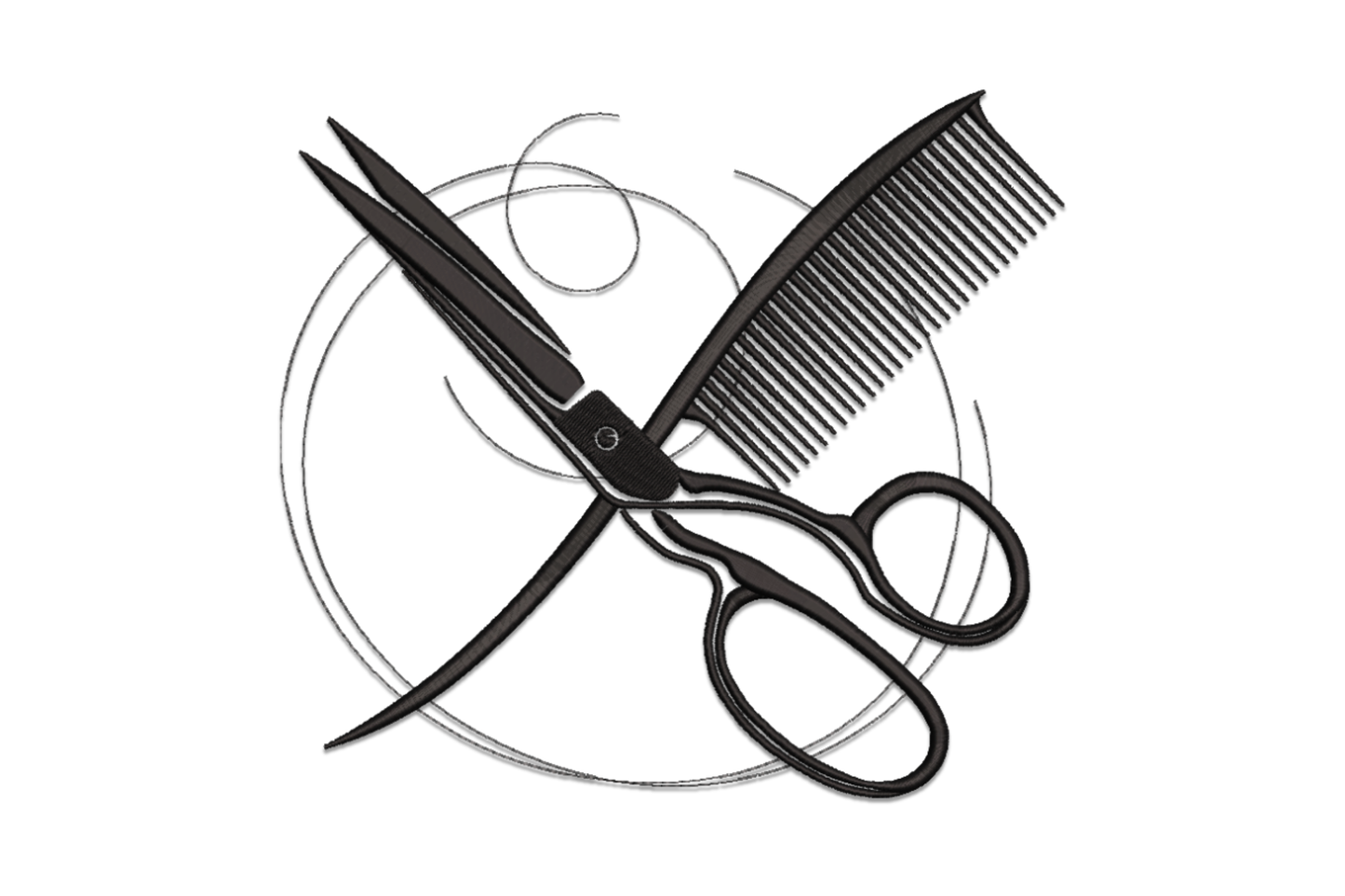 Hairdresser scissors and comb crossed inside a circle, fine-line black engraving embroidery