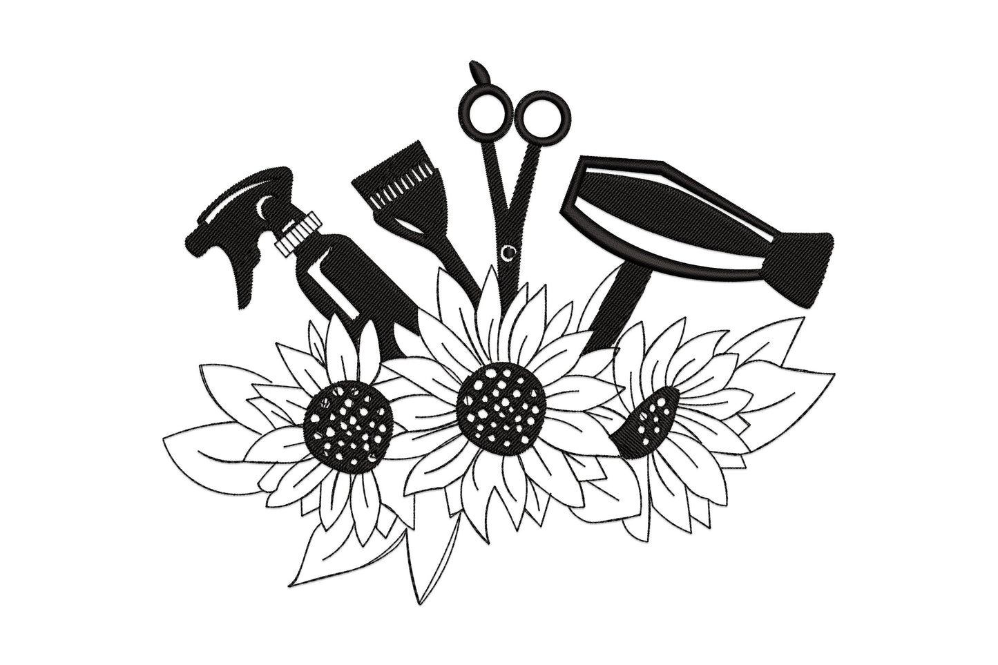 Hairdresser tools with sunflowers embroidery design, spray bottle, dye brush, scissors and hair dryer in solid black fanning over three outline sunflowers with dotted seed centres.