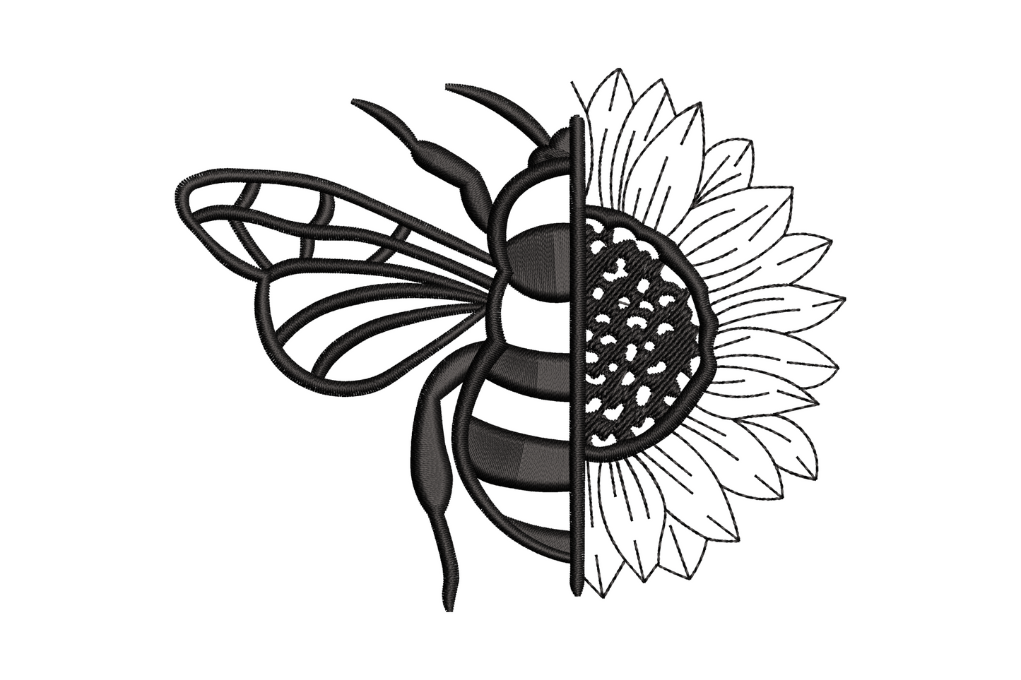 Half bee half sunflower black line art embroidery, split design with detailed bee wing cells on left and sunflower petals on right