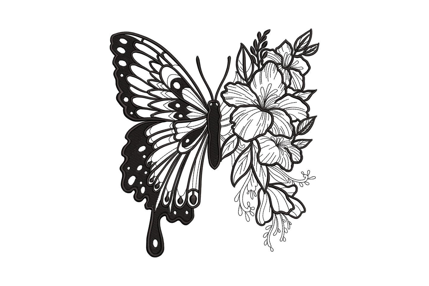 Split swallowtail butterfly and lily bouquet embroidery, dense satin wings beside open linework flowers, single black thread.