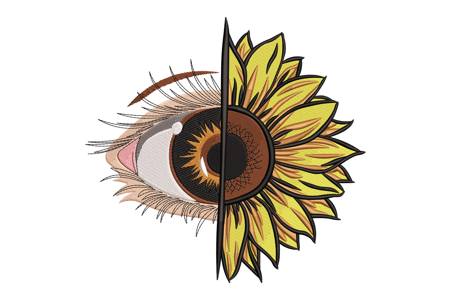 Abstract embroidery split vertically, realistic eye with lashes on left, sunflower petals on right, 9 colors in yellow, brown, peach and black