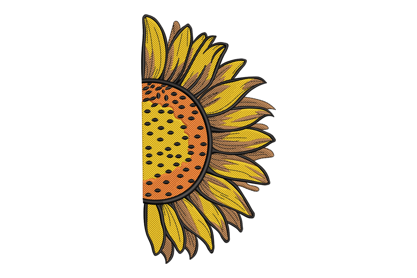 Half sunflower embroidery design with golden yellow petals fanning from a dark brown seeded centre disk, botanical illustration style