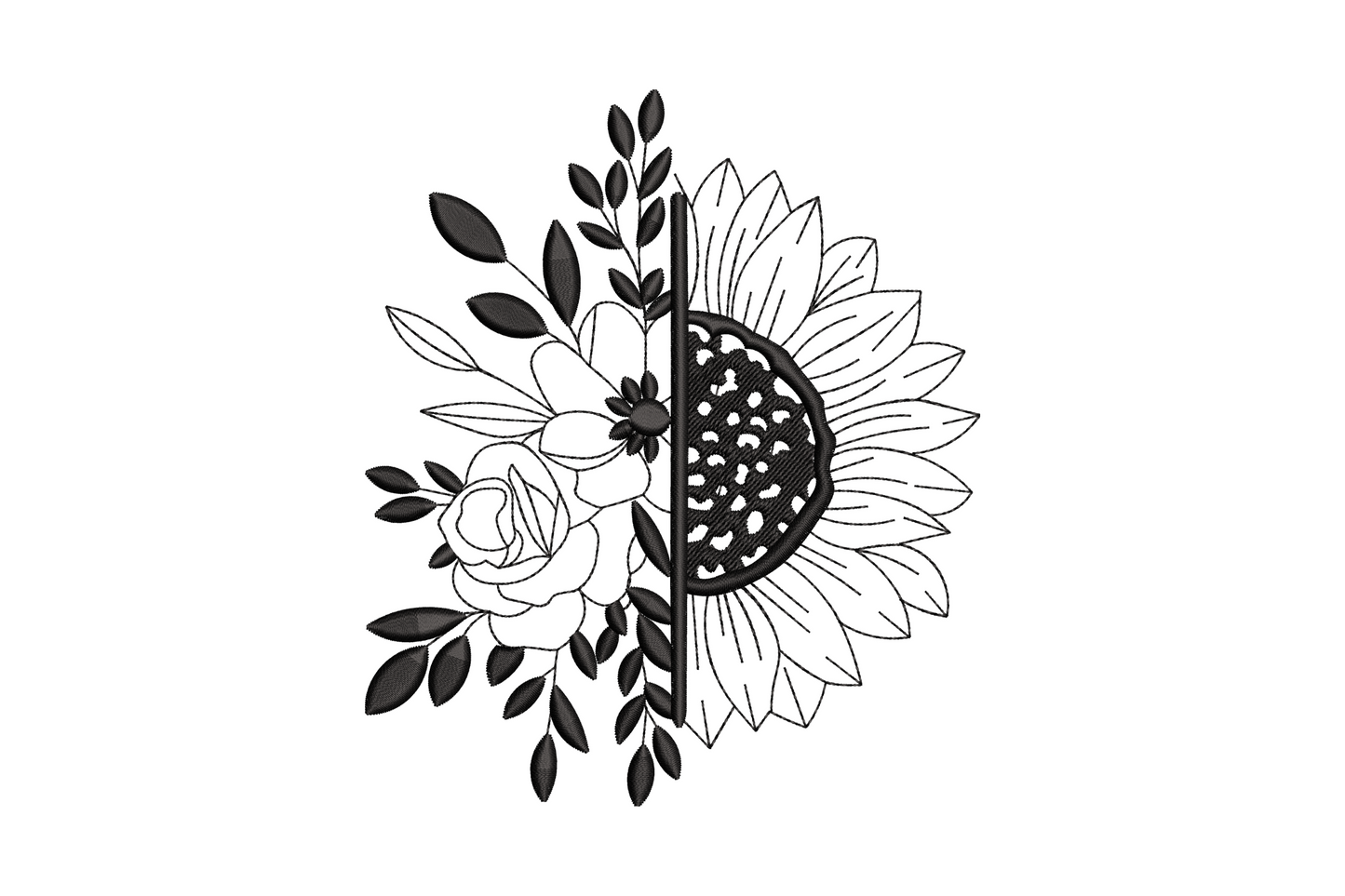 Half sunflower with roses and botanical spray embroidery design, black line art split composition with tatami fill sunflower centre