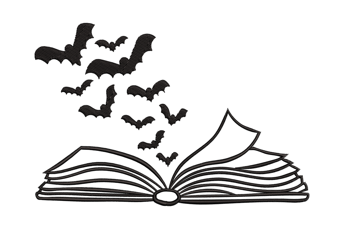 Halloween bats and open book embroidery design with a swarm of black bats flying up from the pages of a fanned-open hardback book.
