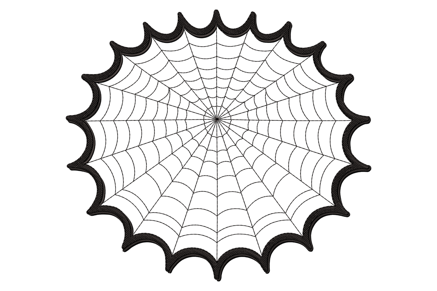 Halloween cobweb embroidery design, delicate single-colour spider web with radiating spokes, open line work, 3.5 inches wide, seasonal machine embroidery.