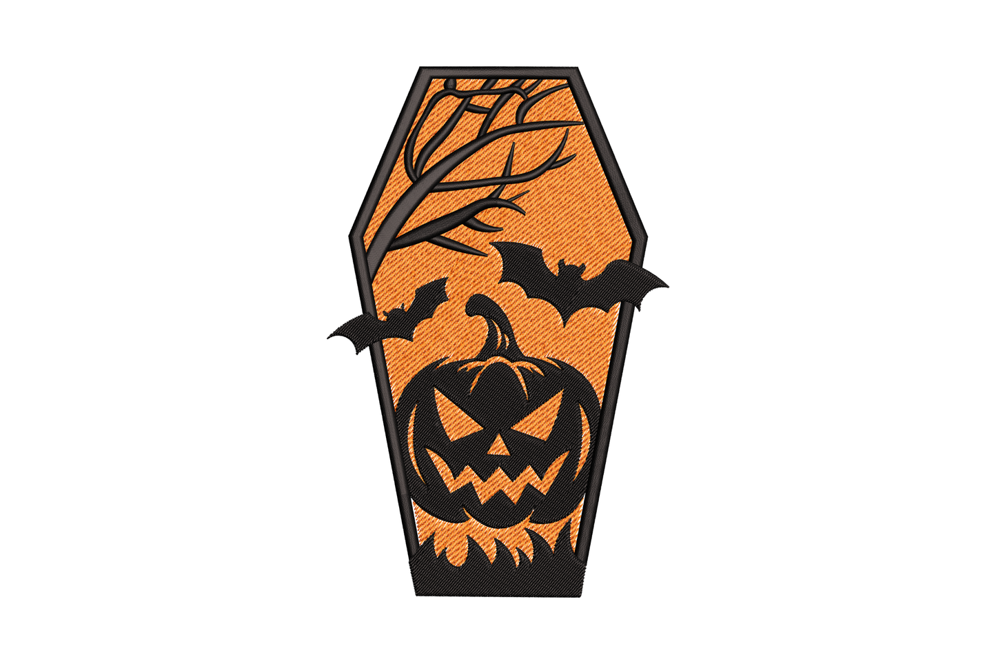 Embroidered halloween coffin with bare branches, two bats and a carved pumpkin head inside, burnt orange and black two tone design