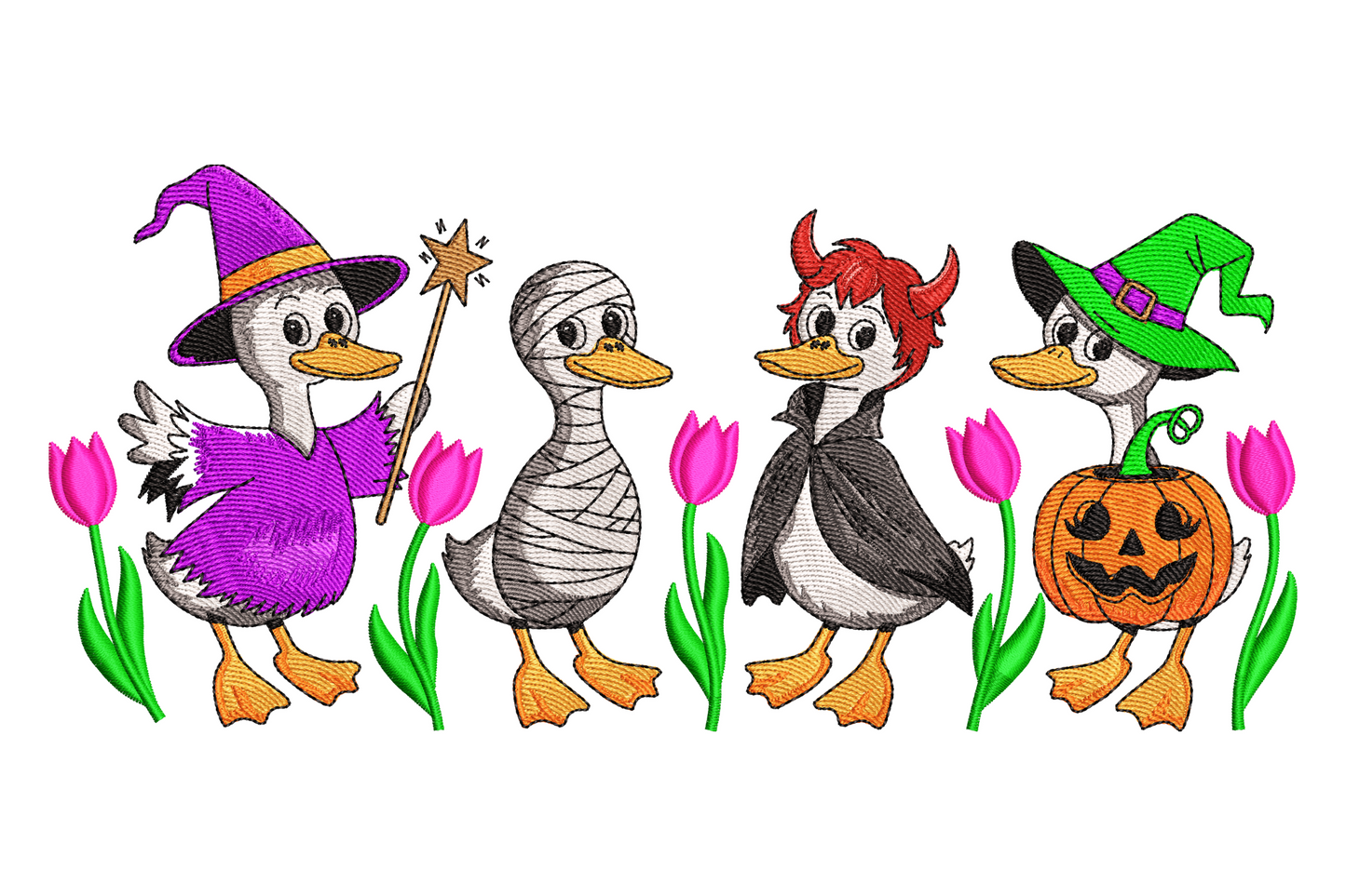 Row of cartoon ducks dressed in halloween costumes including pumpkin, ghost and witch hat outfits, bright multicolour flat cartoon style machine embroidery design.