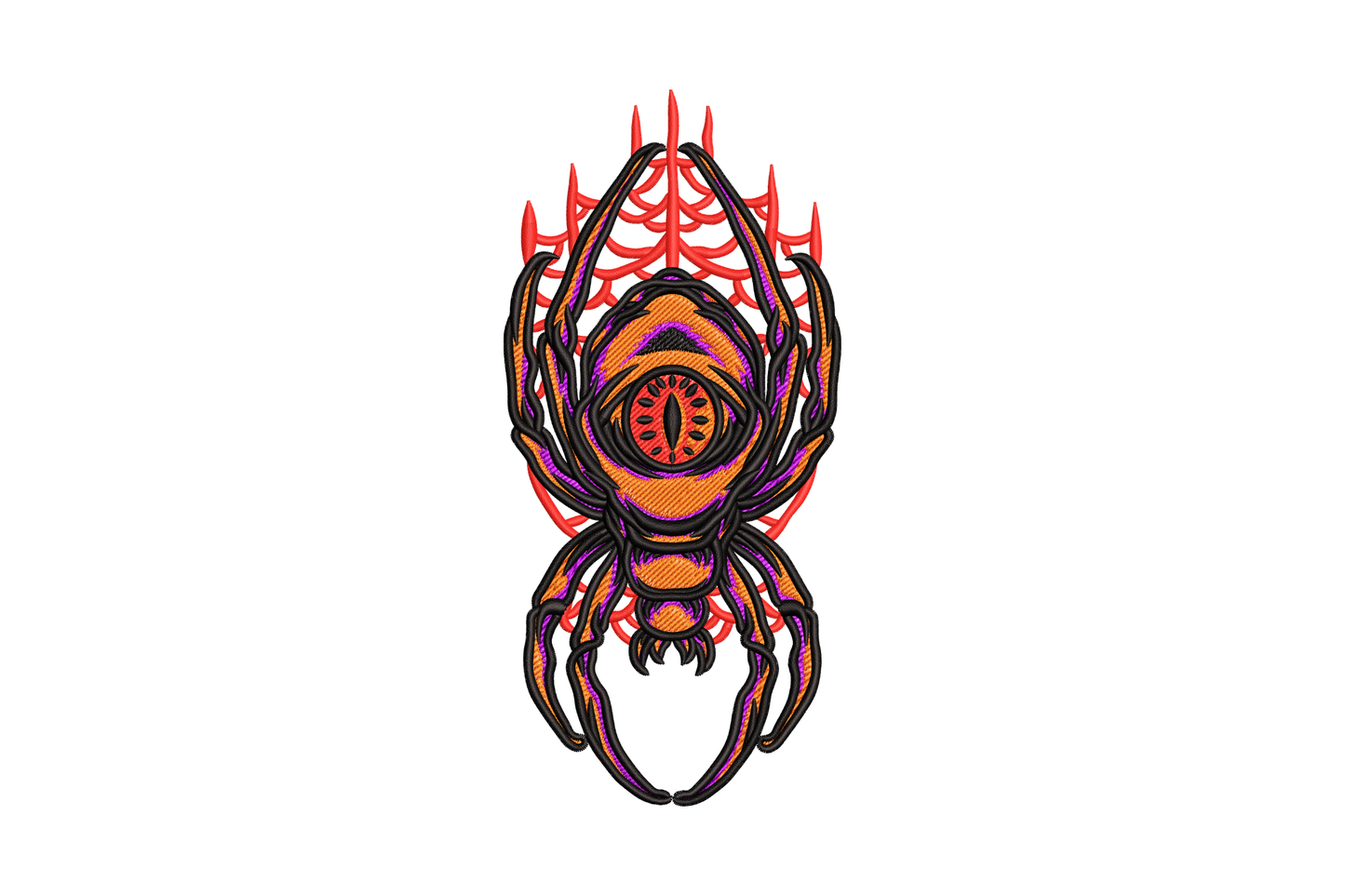 Halloween eyeball spider embroidery design with bloodshot orange iris body, jagged black legs and red veining details.