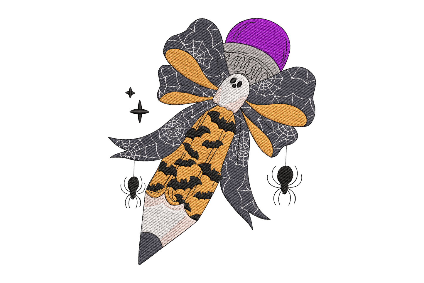 Halloween bow embroidery with ghost face, spider web pattern, candy corn tip, bats and spiders, 7 colours, 5 sizes