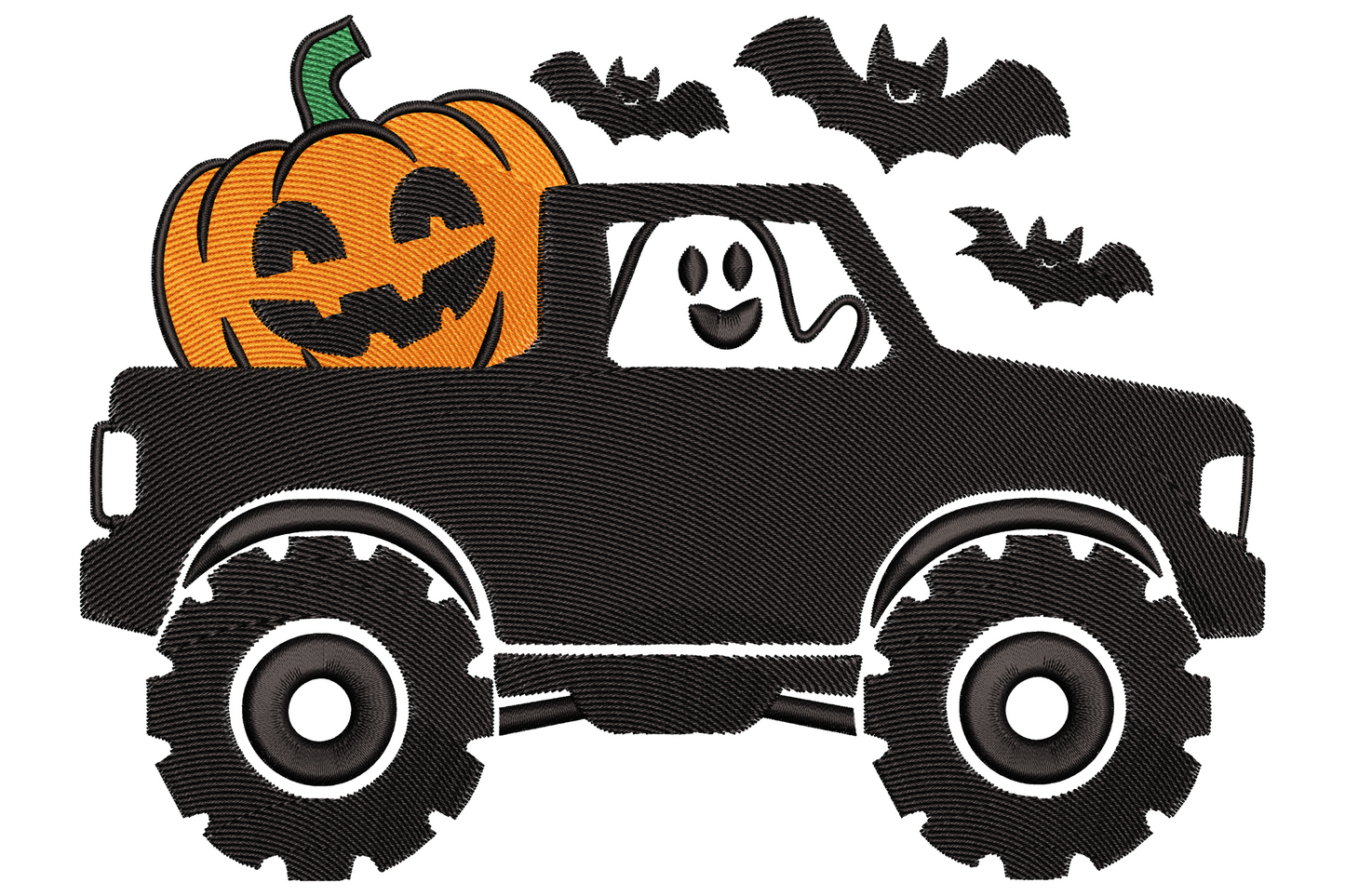 Halloween ghost truck embroidery with white ghost driver, orange jack-o-lantern on roof and bats on black monster truck.