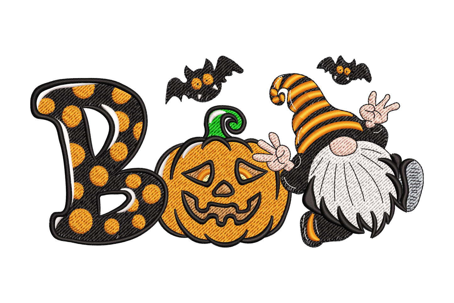 Halloween BOO embroidery design with a jack-o-lantern pumpkin as the O, gnome with striped hat peeking out, two bats, polka-dot lettering, 8 colours.