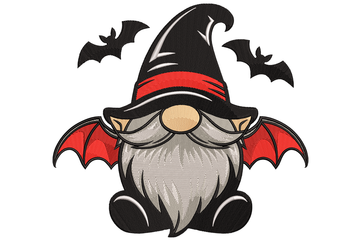 Halloween gnome bat embroidery showing stout gnome with grey beard and purple hat with small black bat on white background.