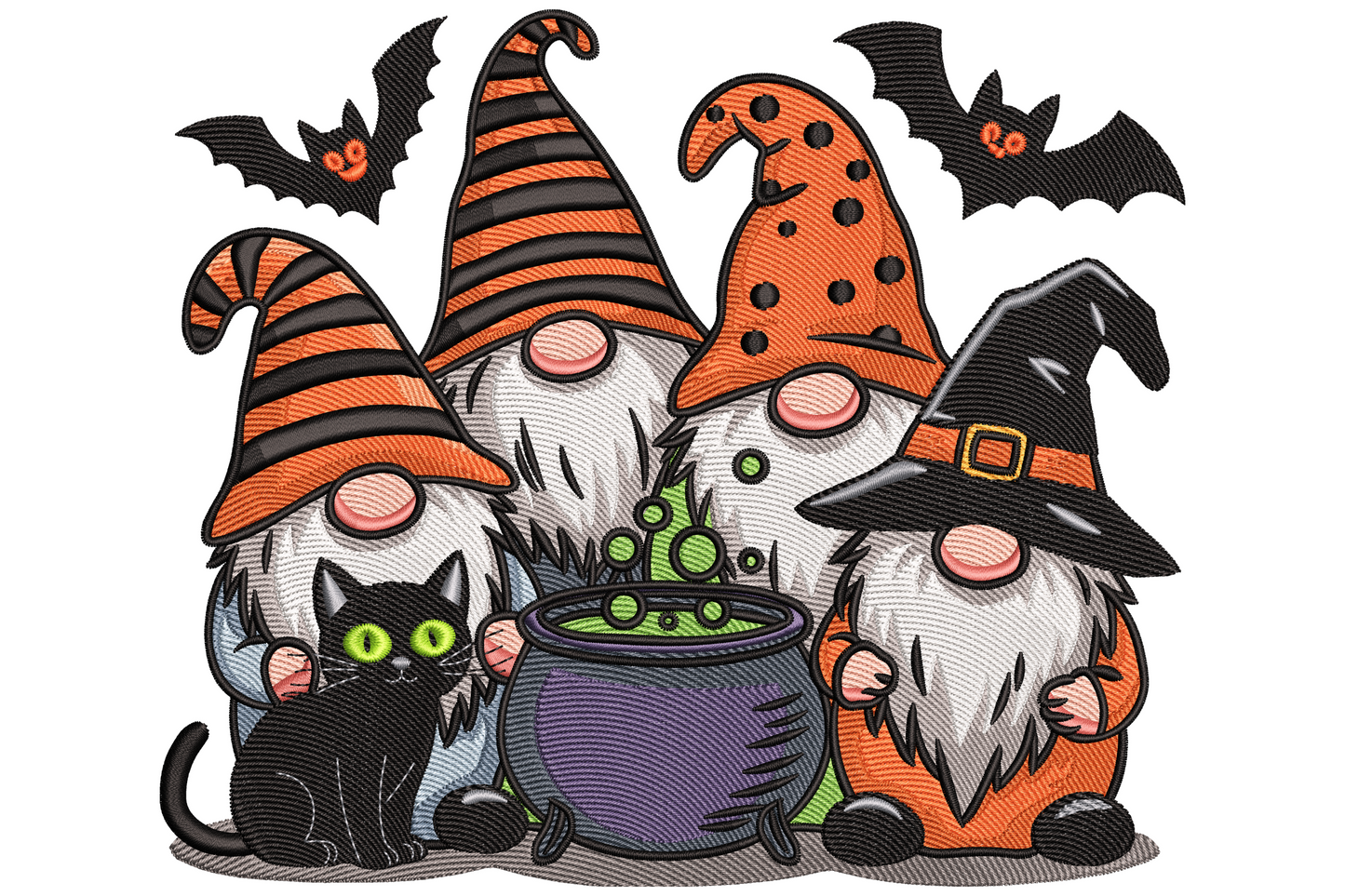 Halloween gnome cauldron embroidery design with three gnomes in patterned hats around a glowing green cauldron, a black cat with green eyes, and bats.