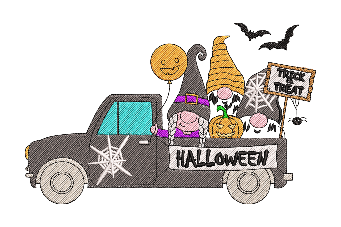 Halloween gnomes truck embroidery design with gnomes in a vintage truck loaded with pumpkins, 11 thread colours, 3 sizes from 4 to 5.3 inches for halloween shirts totes and seasonal decor