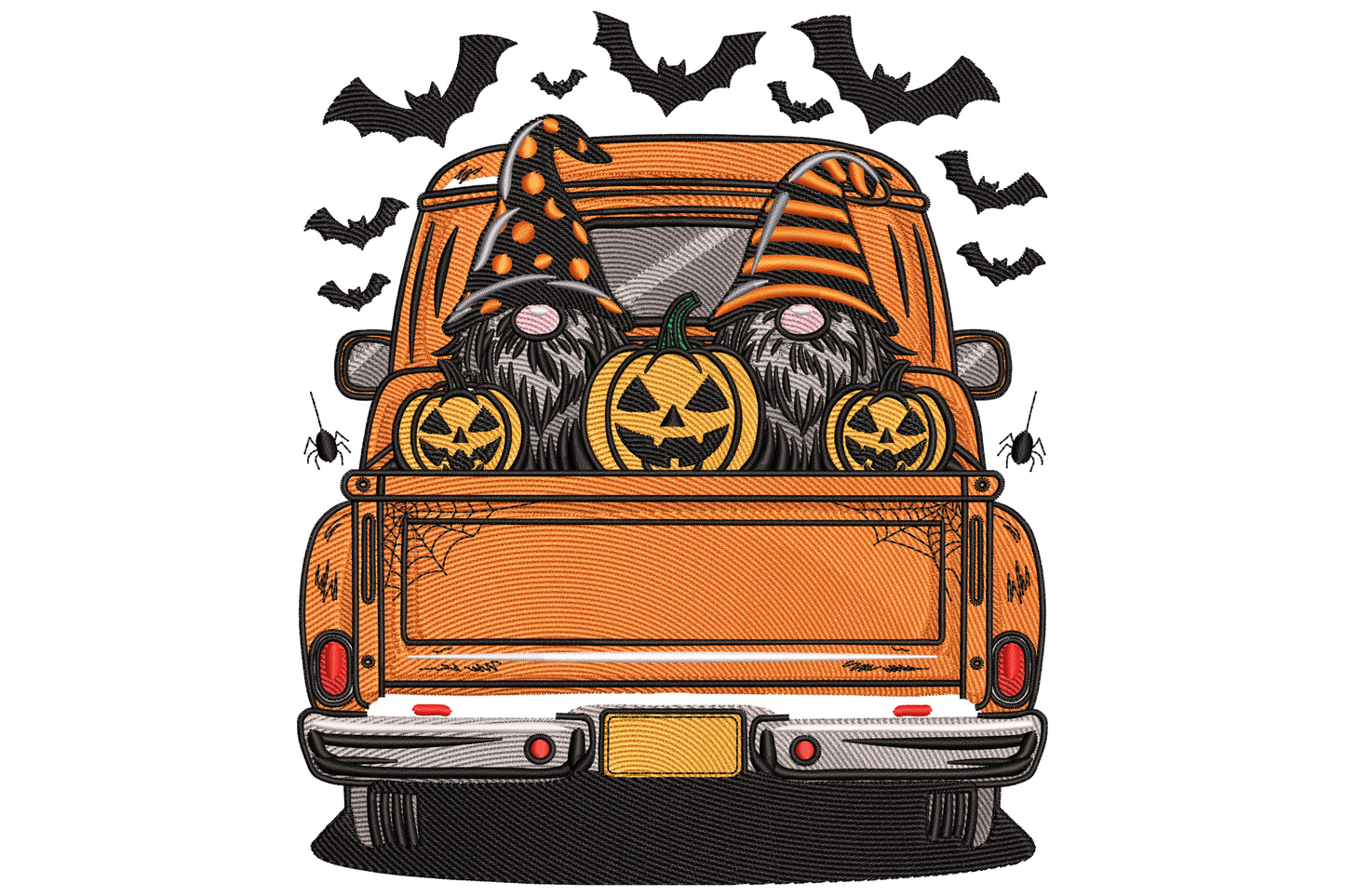 Halloween gnomes in truck embroidery design showing two pointy-hatted gnomes in a vintage orange pickup truck bed with jack-o-lanterns, spiders and bats.