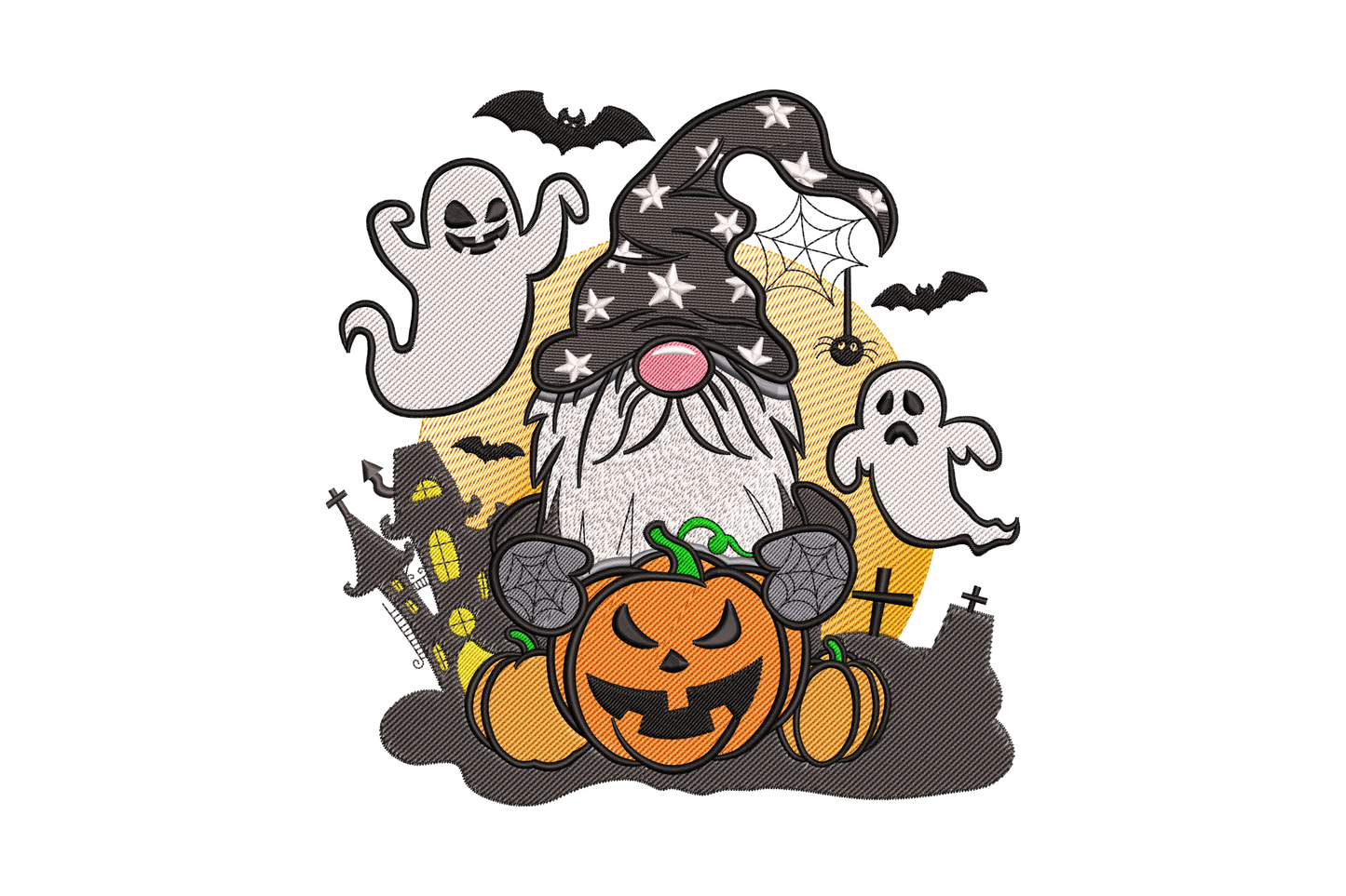 Halloween gnome embroidery with pumpkin hat, carved jack-o-lantern face, long beard and small ghost companions floating around.