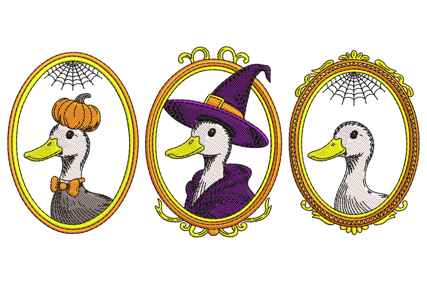 Halloween goose portrait machine embroidery design, grumpy goose in witch hat, seven colours, directional satin feather stitching, landscape composition.
