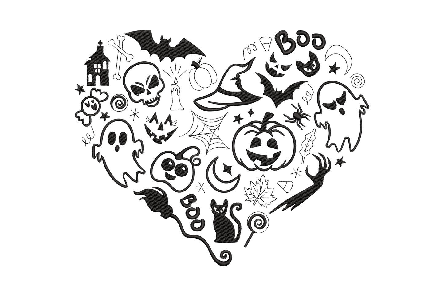 Halloween heart doodle embroidery in black thread filled with ghosts, skulls, pumpkins, bats, spiders, cats and Halloween icons.