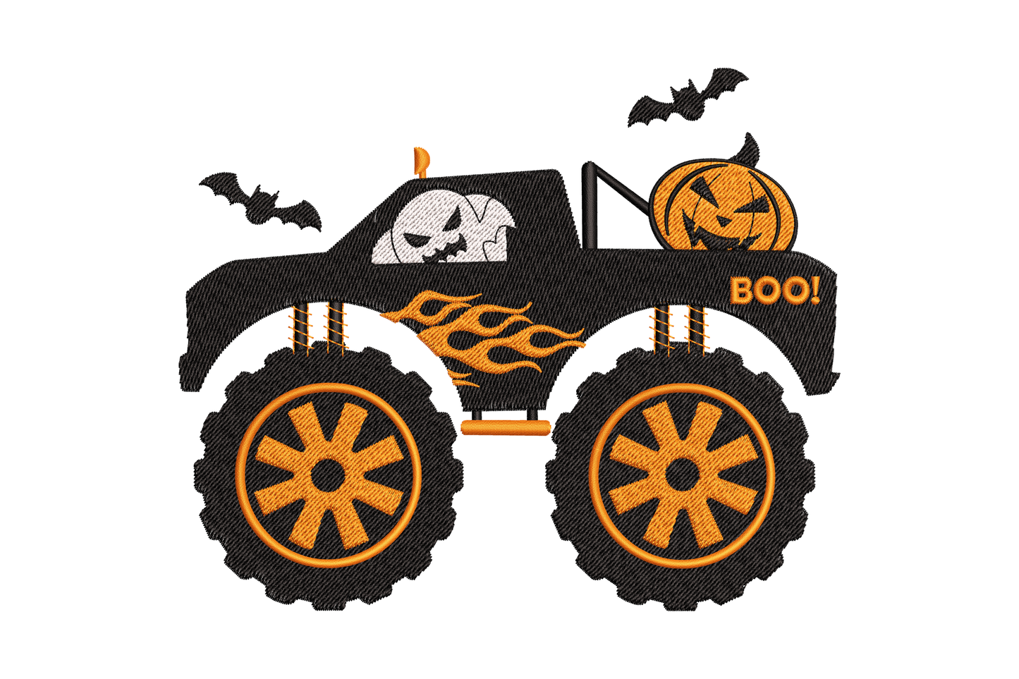 Machine embroidery design of a Halloween monster truck with oversized tyres, pumpkin body panels, orange black and white colours