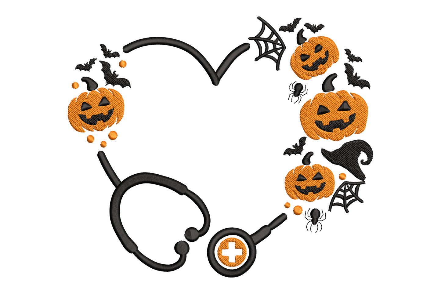 Nurse stethoscope pumpkin halloween embroidery, jack-o-lantern heart, 2 colours, 5 sizes, medical halloween machine embroidery