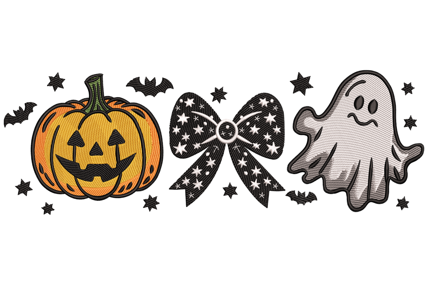 Vertical halloween embroidery stack with orange pumpkin and pink bow on top, friendly white ghost below, tall black banner ribbon under for personalising a name.