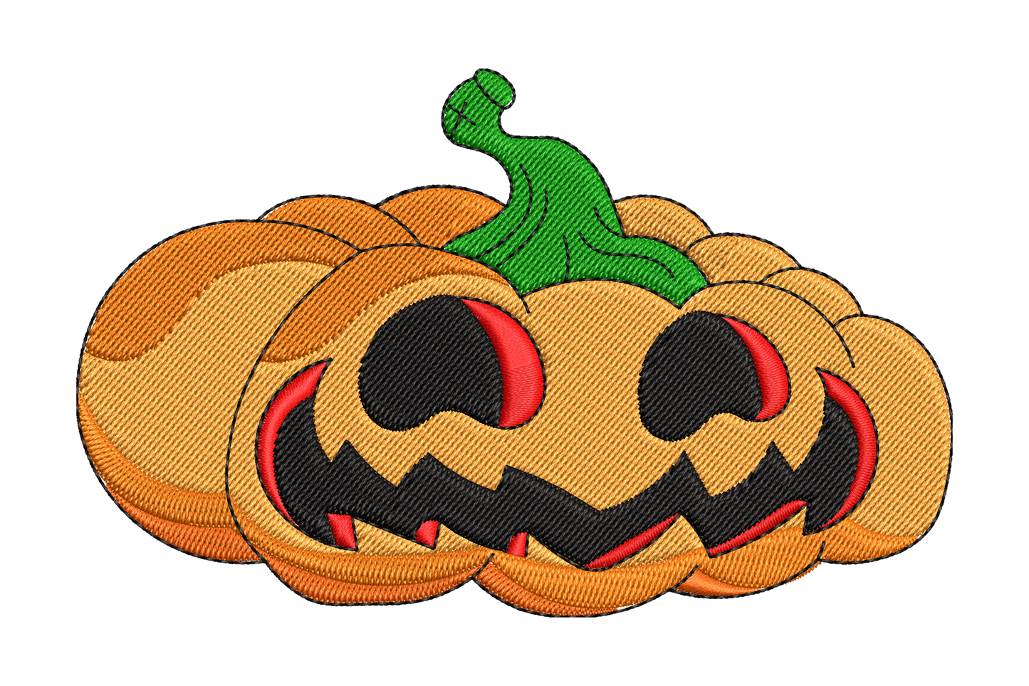Halloween jack-o-lantern embroidery with layered orange body, red inner glow, jagged black face and green twisted stem.