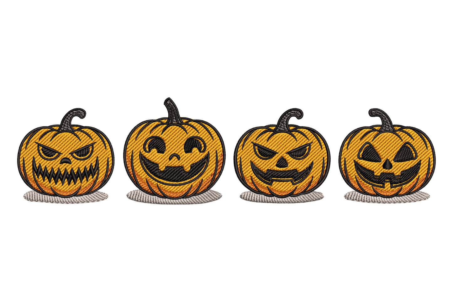 Row of carved Halloween jack-o-lantern faces with different expressions in five colours, ultra-flat banner strip, 3.5 by 0.91 inches machine embroidery design