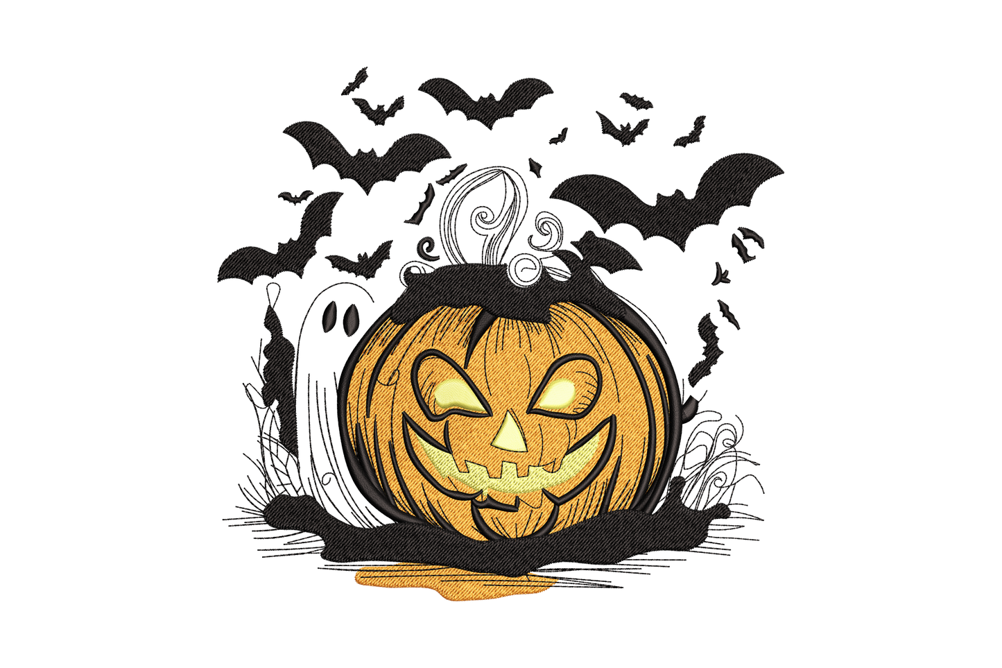 Halloween pumpkin ghost and bats cartoon embroidery, jack-o-lantern with carved eyes, white ghost and black bat silhouettes.