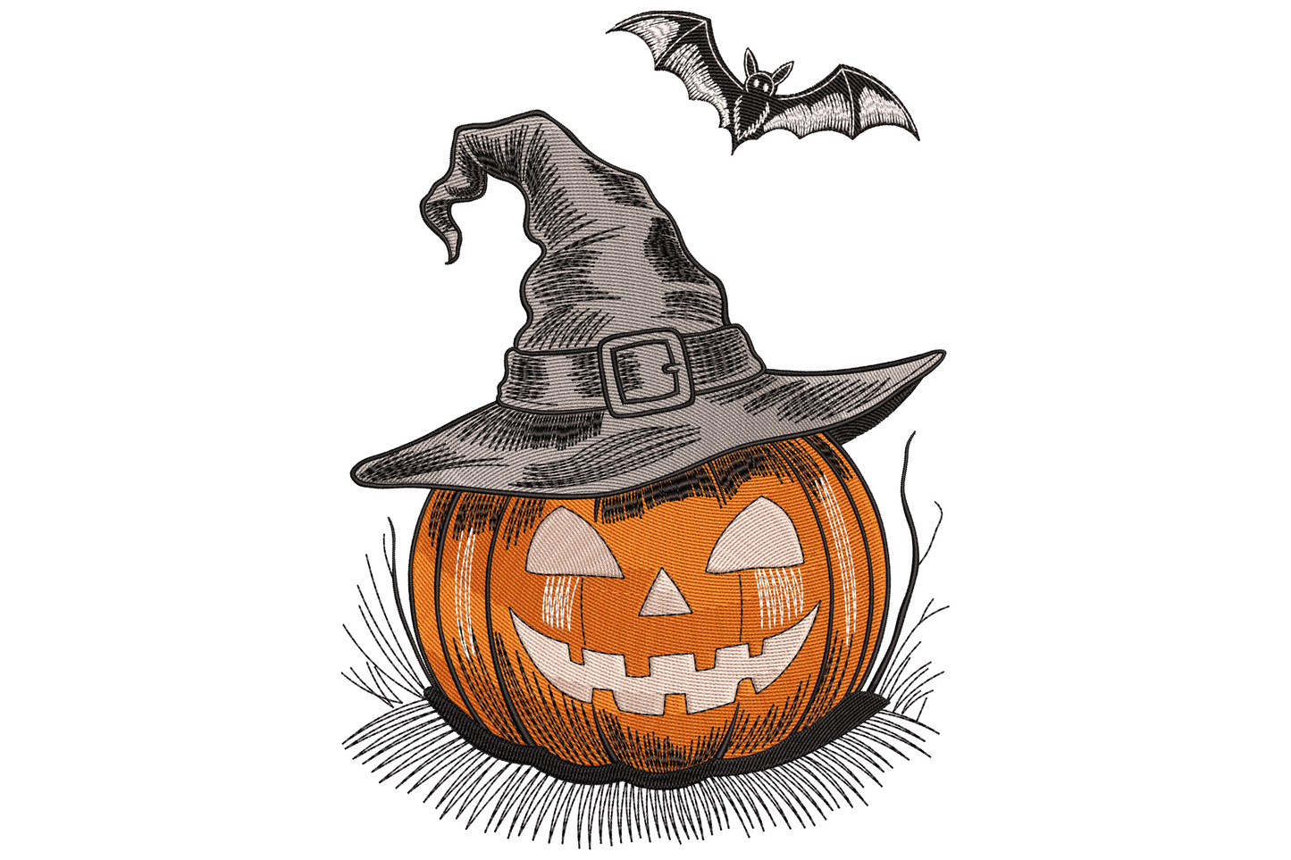 Halloween pumpkin with witch hat embroidery showing orange carved jack-o-lantern with tall black witch hat and green stem on white background.