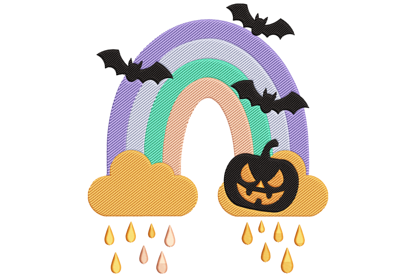Halloween rainbow pumpkin embroidery design, carved jack-o-lantern with multicolour ribbed fill in red orange yellow green blue purple, seven-colour seasonal composition.
