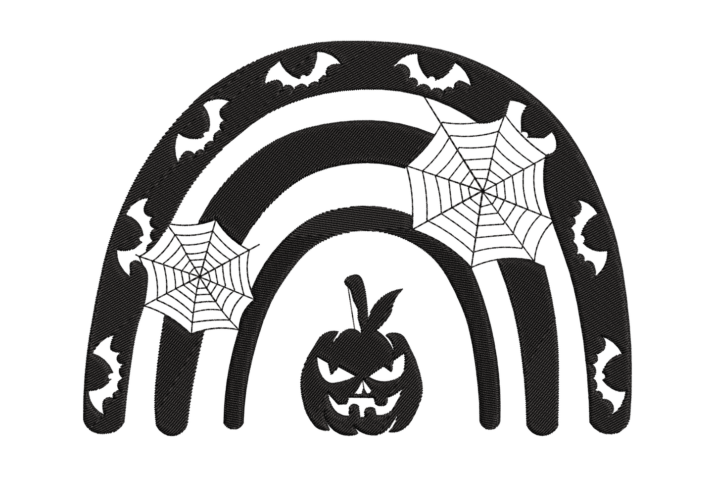 Halloween rainbow arch embroidery design with bat silhouettes, spiderwebs, and jack-o-lantern in single black thread