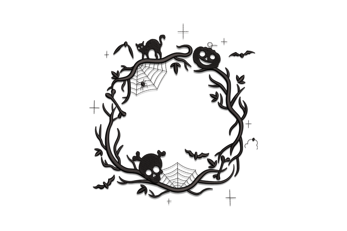 Halloween spooky botanical wreath embroidery design, dark bare branches circular motif, single colour, 5 sizes from 3.5 to 7.5 inches