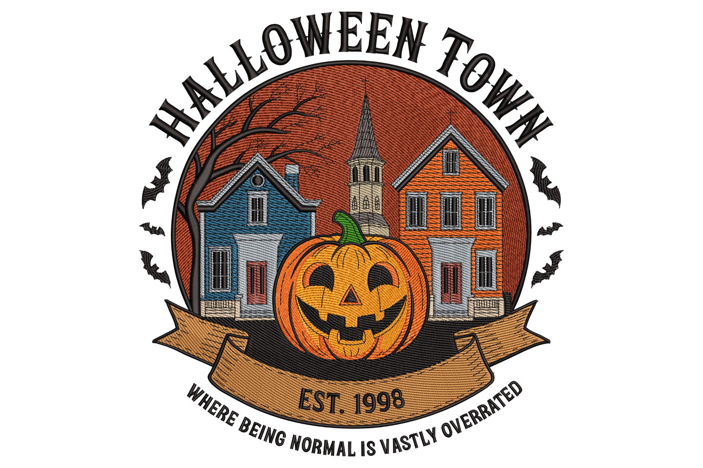 Detailed halloween town scene embroidery with haunted houses, bare trees, moon and bats in flight, 13 thread colours in black, purple and orange, 5.24 inches wide.