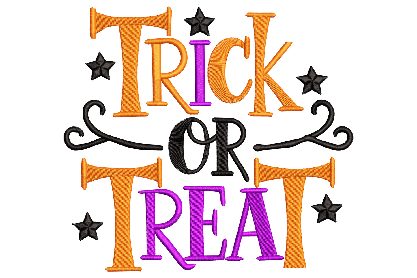 Trick or treat halloween typography machine embroidery with stacked distressed slab serif lettering in orange, cream and green, near-square layout.
