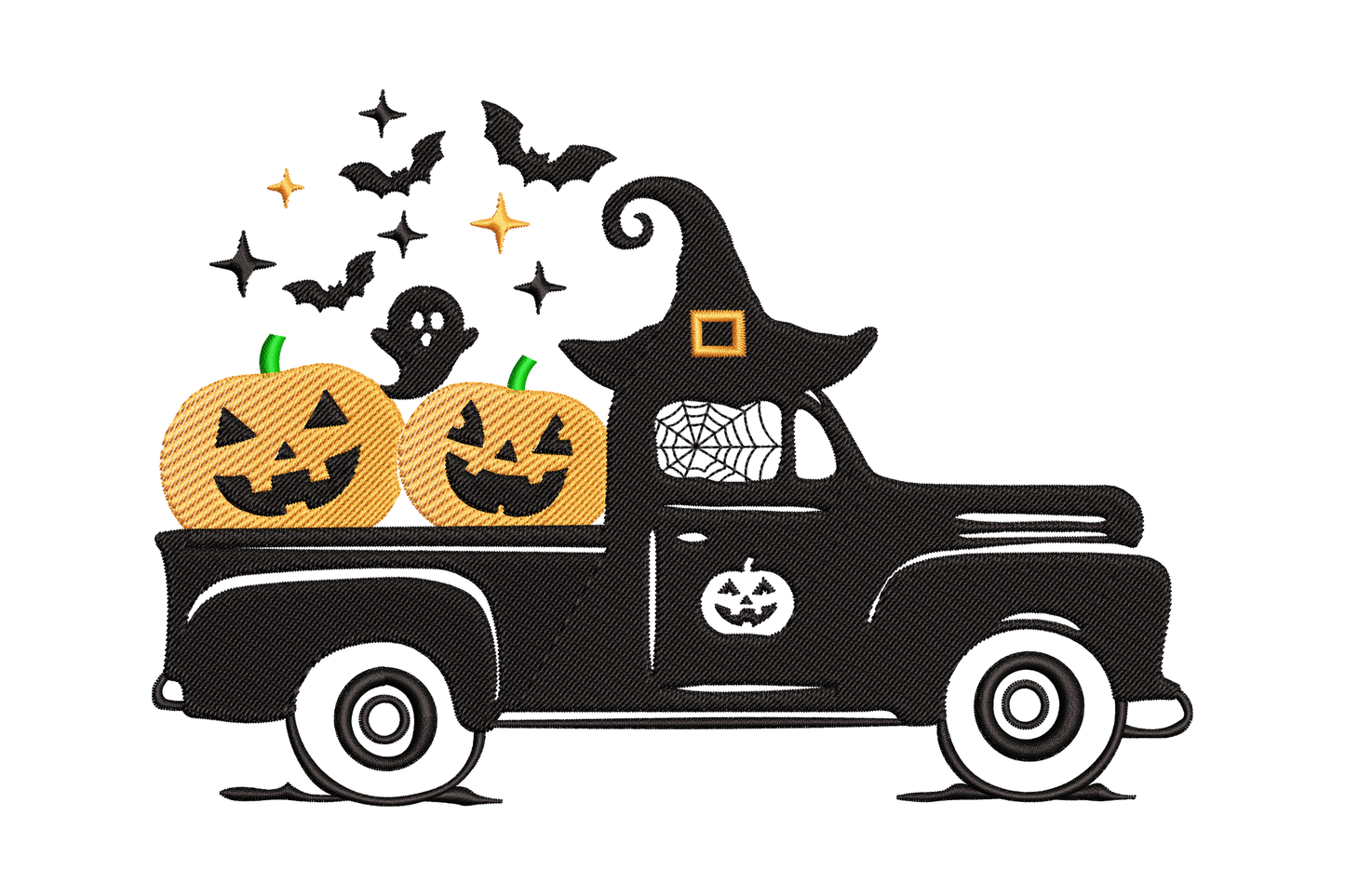 Halloween truck pumpkins embroidery design featuring a vintage black pickup truck with orange jack-o-lanterns and bats, machine embroidery 5 sizes.