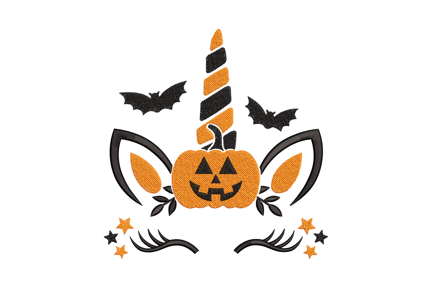Halloween unicorn pumpkin embroidery with carved face, striped horn, ears, bats and stars in orange and black.
