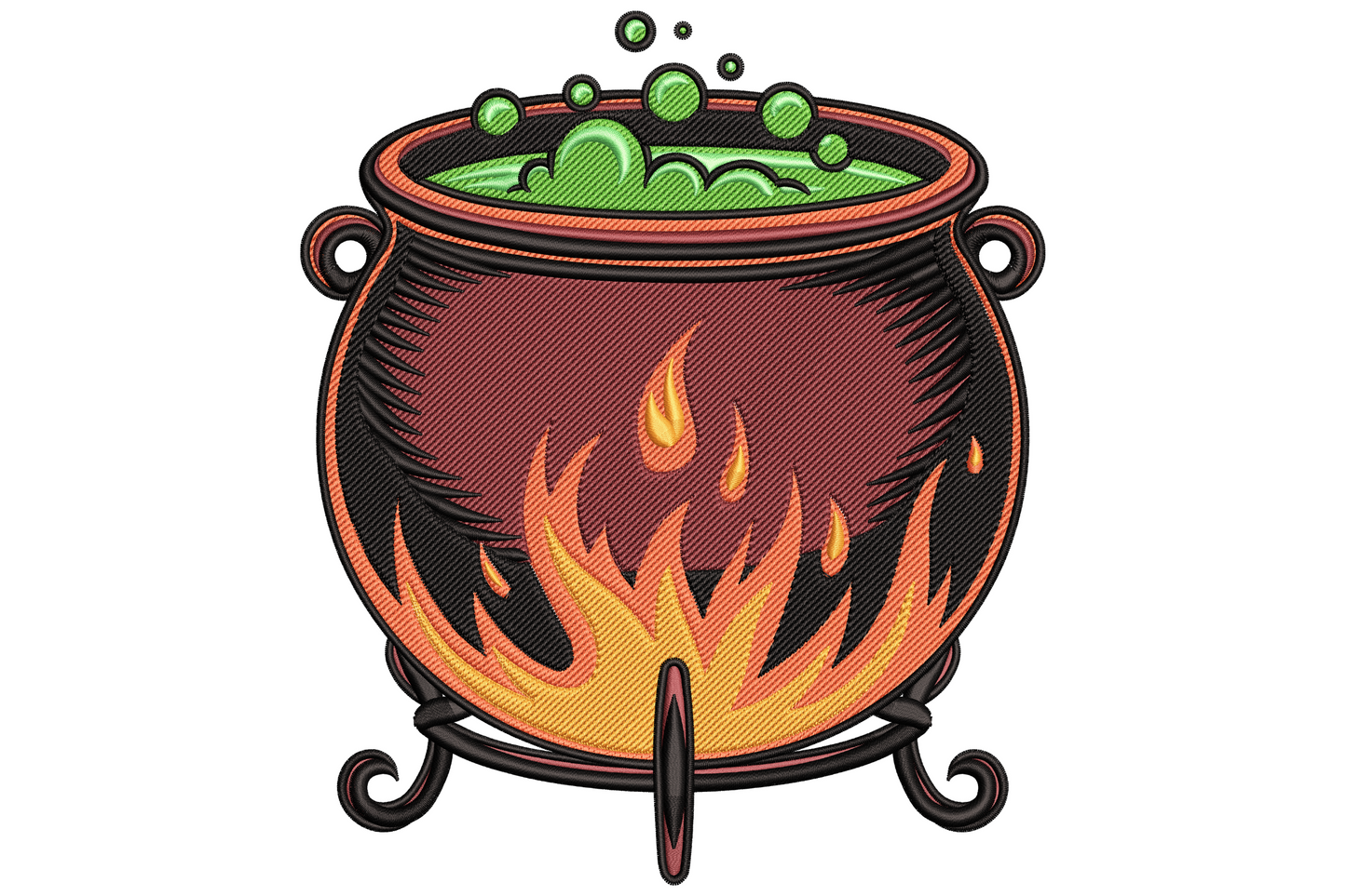 Halloween witch cauldron embroidery design, round black cauldron with bubbling lime green potion in bold cartoon satin stitch style, 3.51 inches wide.