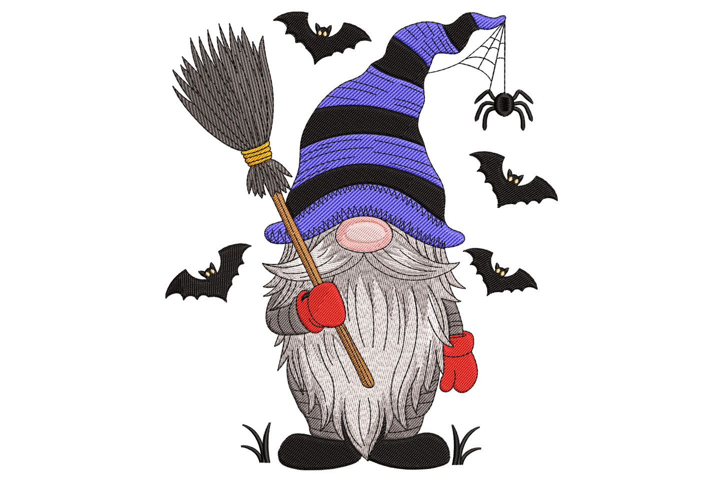 Halloween witch gnome machine embroidery design, gnome in black pointed hat with striped band, cream beard, layered orange purple green robes, twelve colours, 2.99 by 3.5 inches.