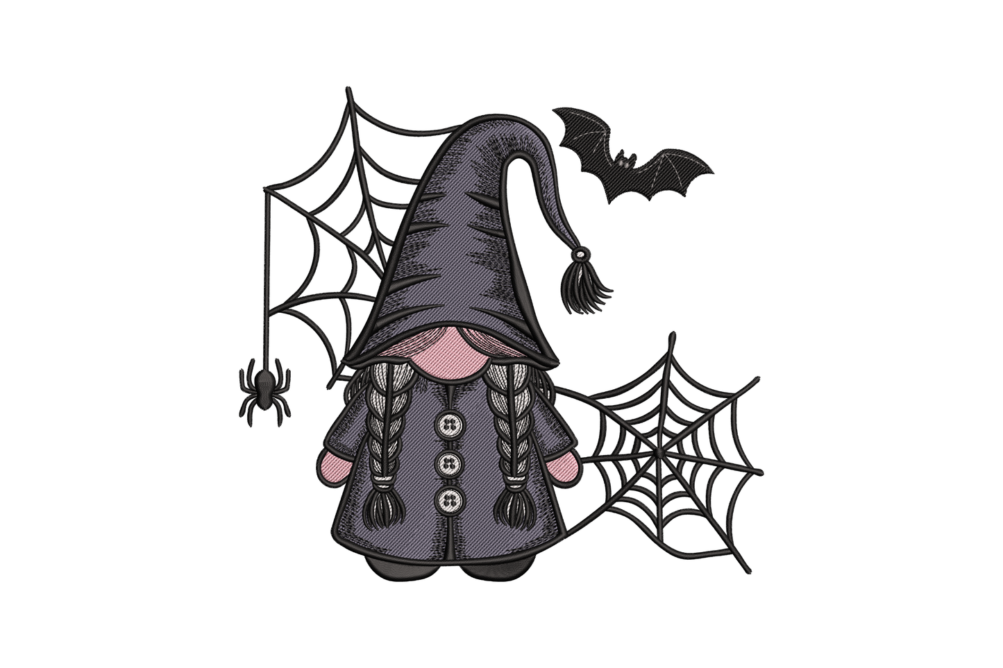 Cartoon character in a witch costume with spider webs and a bat embroidery design