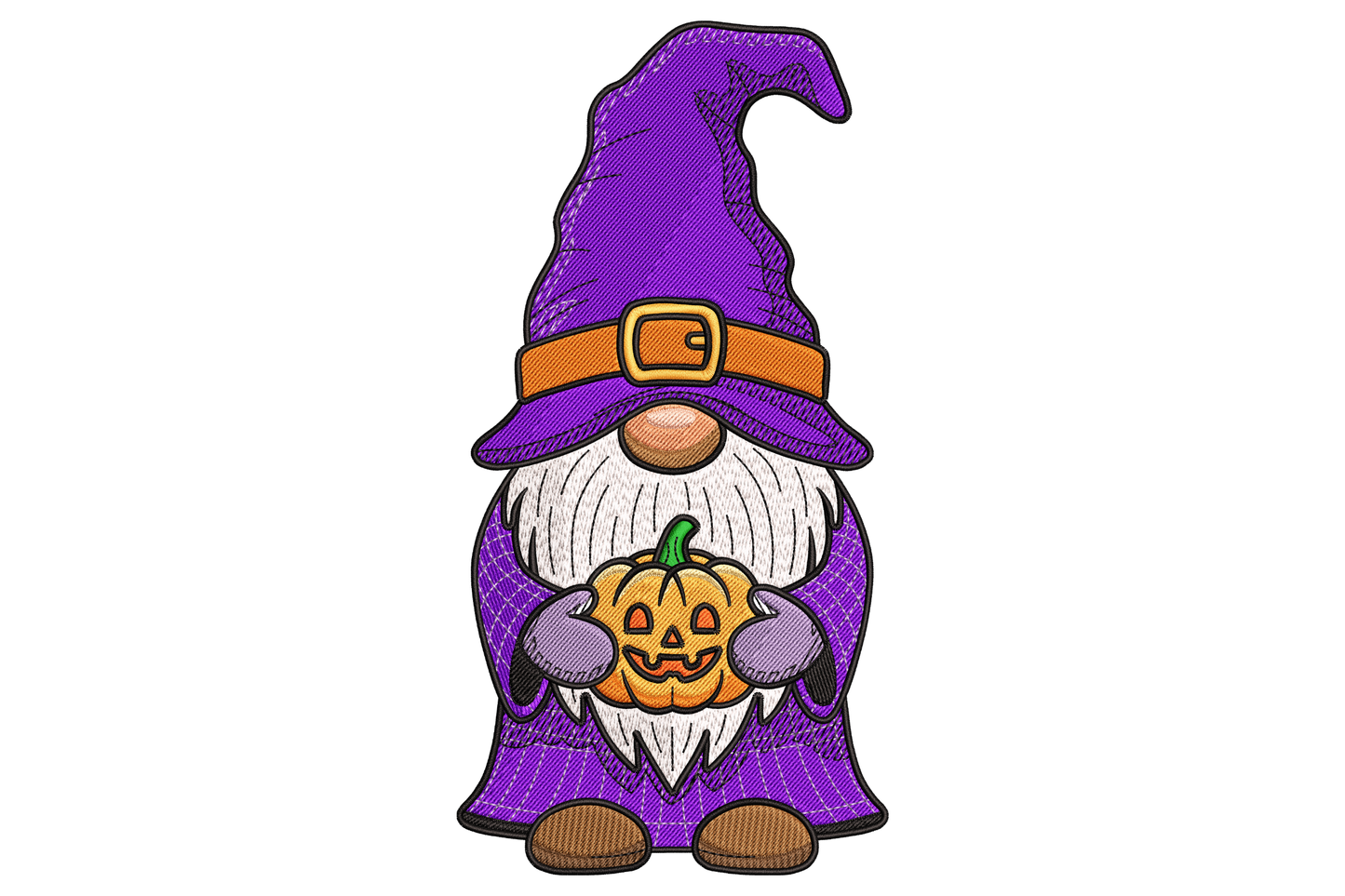 Halloween witch gnome holding jack-o-lantern pumpkin, tall pointed hat, large cream beard, 13-colour complex design, 1.78 x 3.51 inch narrow tall machine embroidery
