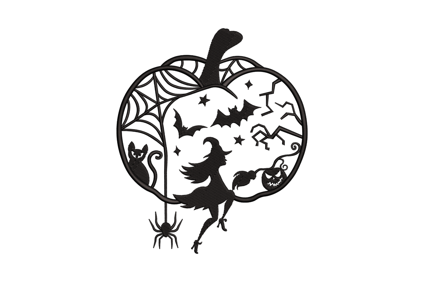 Halloween witch on broomstick inside pumpkin silhouette frame with cat, spider web, bats and tiny pumpkin in black papercut.