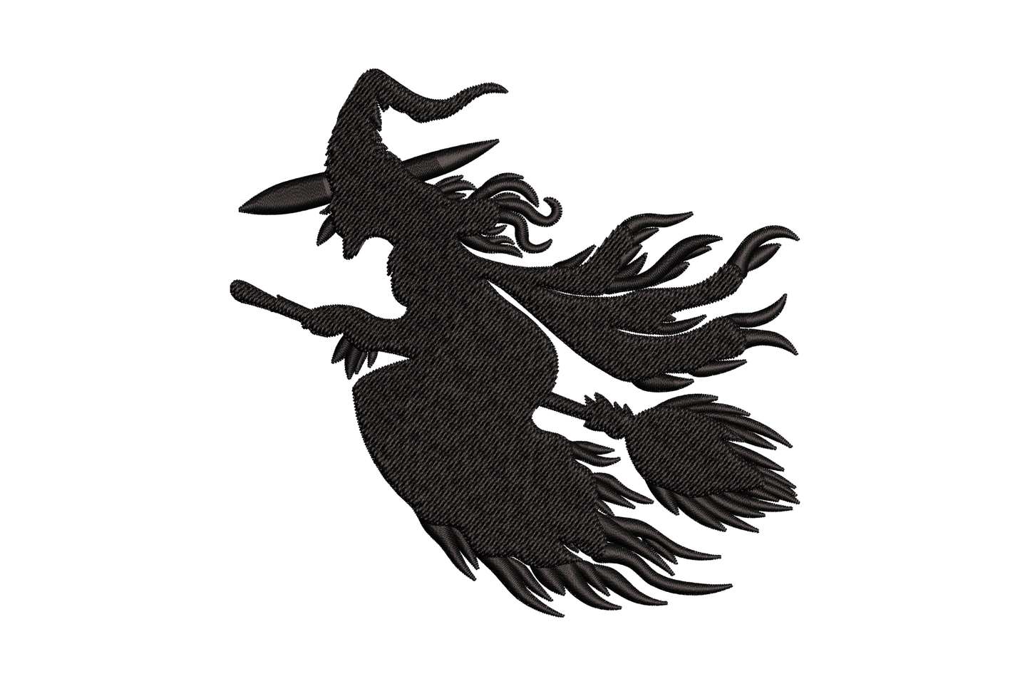 Halloween witch embroidery design, face-on single-colour witch with wild streaming hair on black hoodie