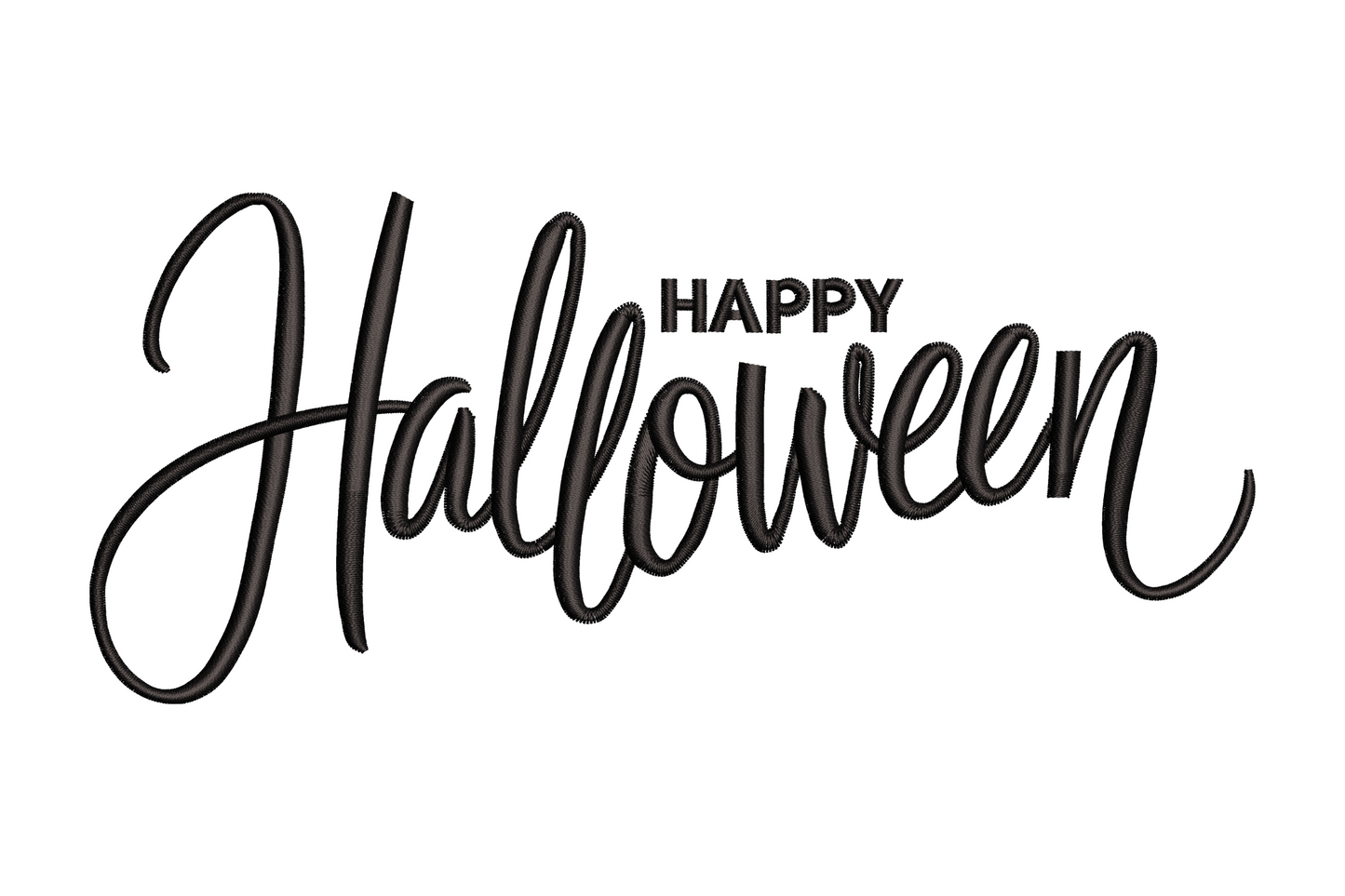 Halloween word art machine embroidery design, bold distressed block lettering in single colour, horizontal text layout, 3.51 inches wide
