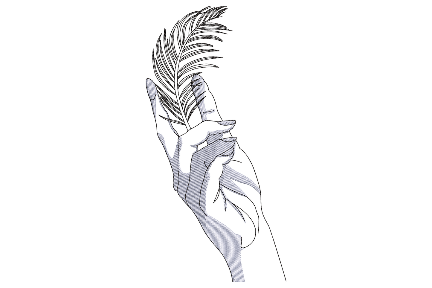 Minimalist line art embroidery design of a hand pinching a single feather between fingers, soft sky blue and black ink.