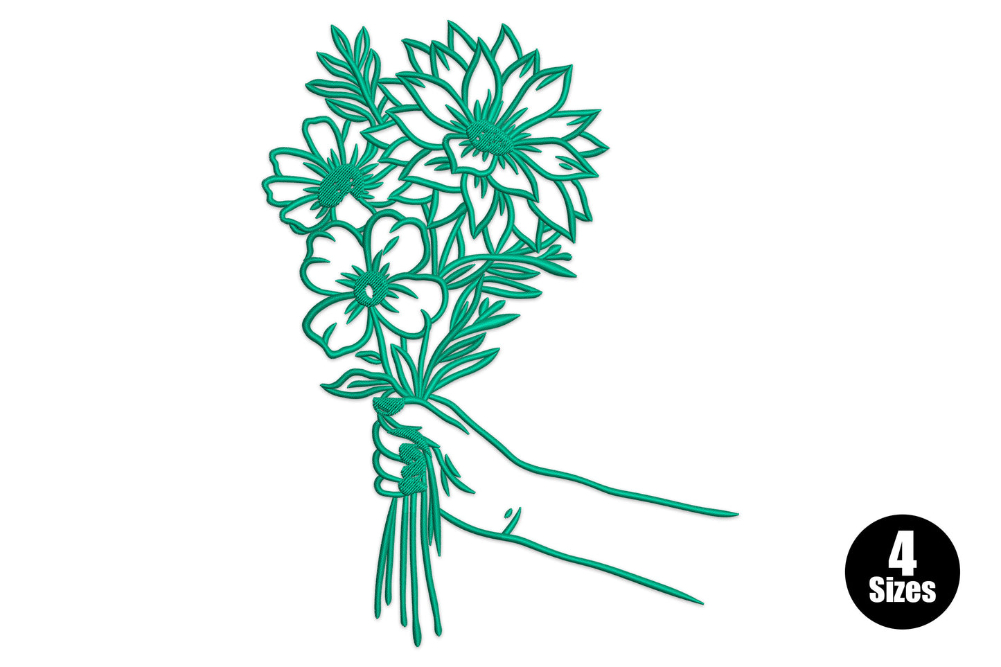 Hand reaching in from the right holding a tall wildflower bouquet with dahlias daisies and poppies in teal line art.