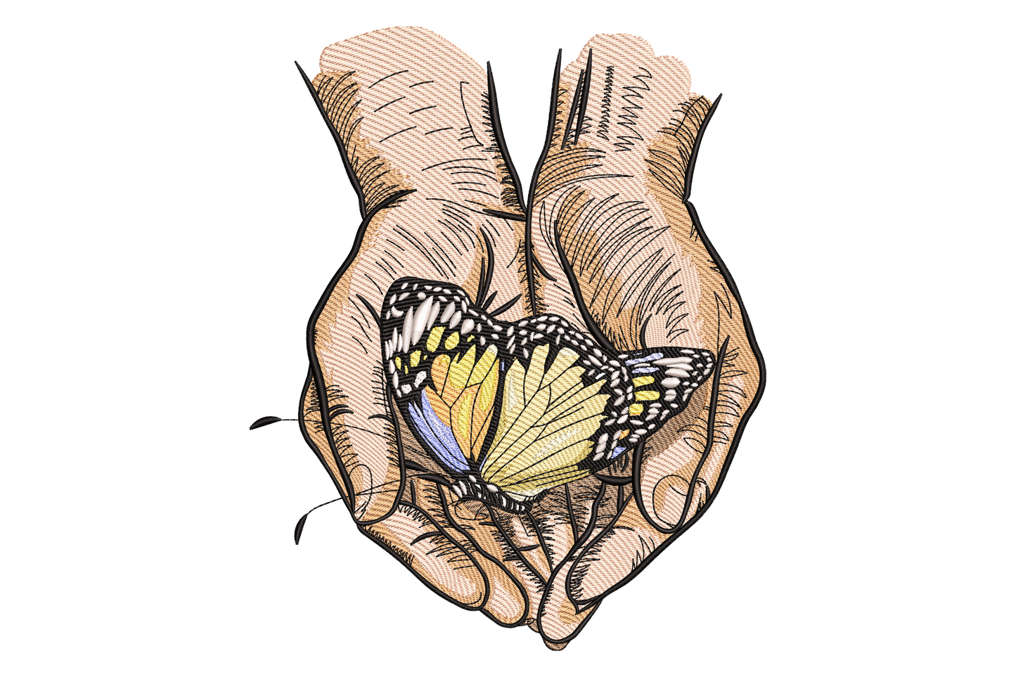 Hands holding butterfly embroidery design, realistic cupped tan hands cradling a yellow swallowtail butterfly with cornflower blue wing details.