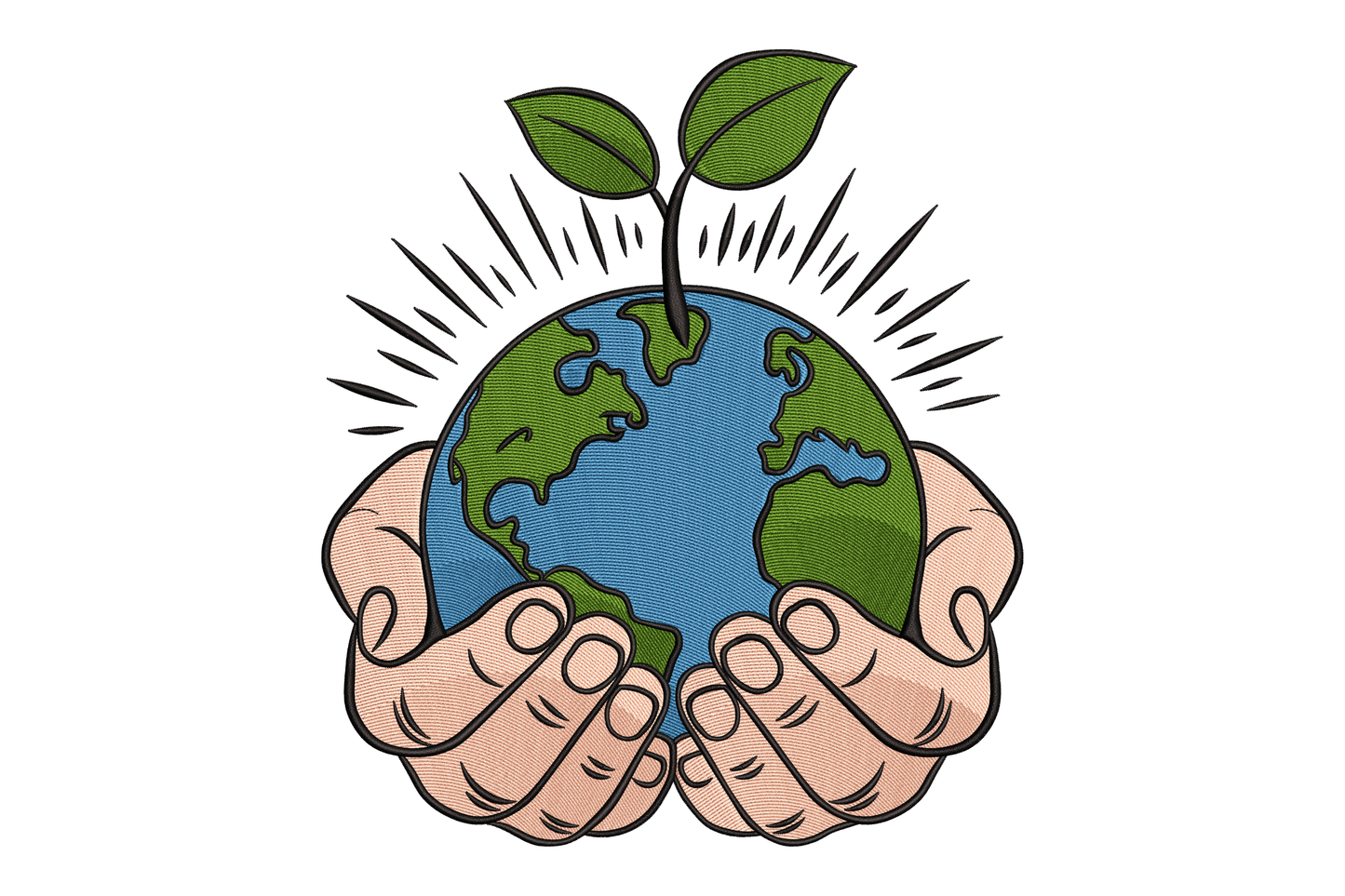 Illustration of hands holding a globe with a plant, symbolizing environmentalism.