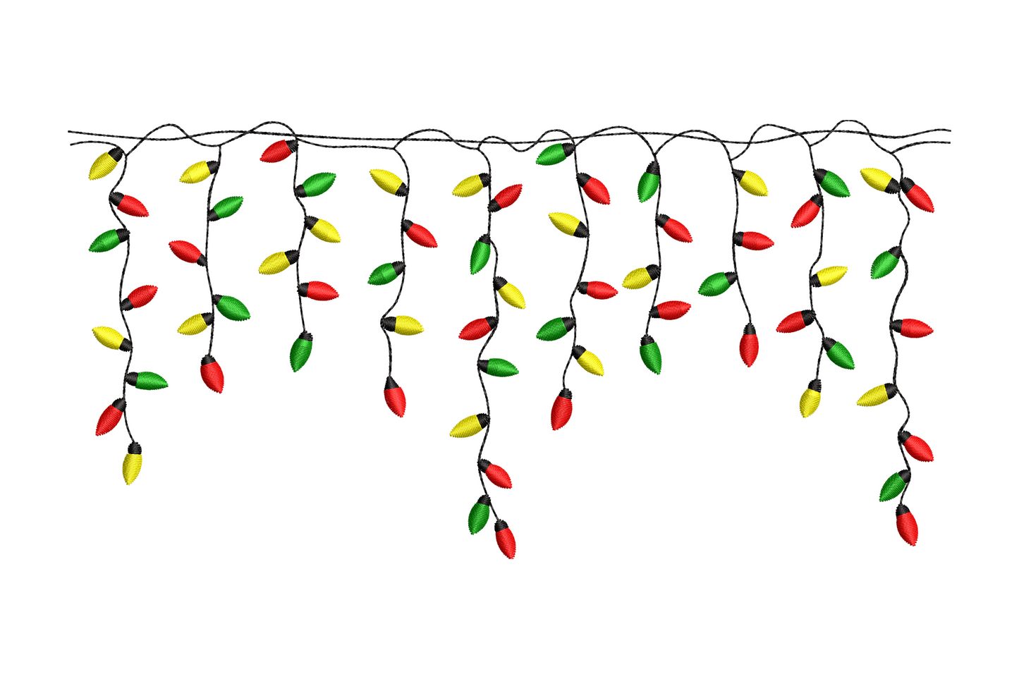 Hanging Christmas icicle lights border embroidery, drooping bullet-shaped bulbs in red yellow green on black wire, uneven drip edge