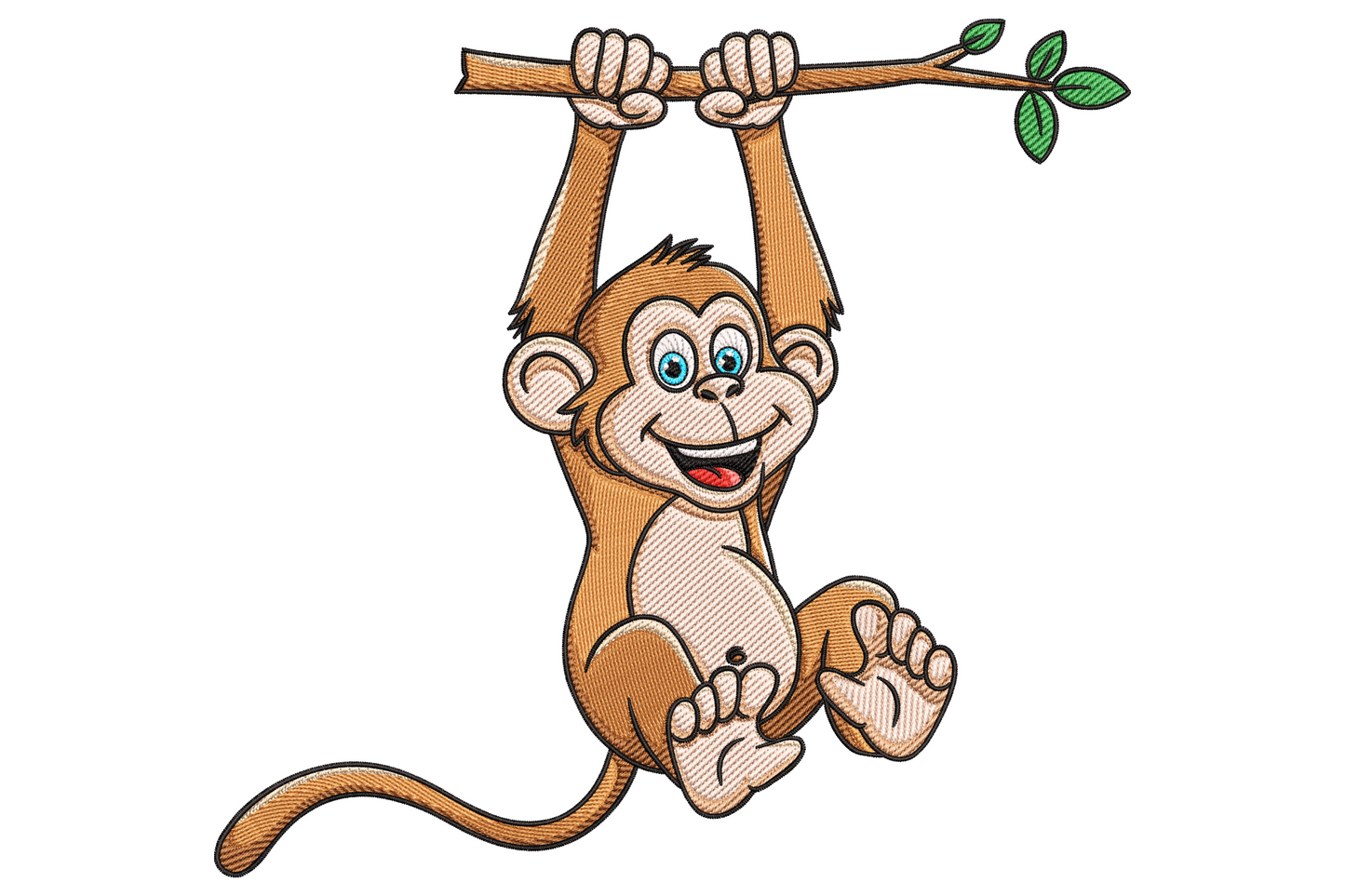 Cartoon monkey embroidery swinging from a green leafy branch, cocoa brown body, cream belly, bright blue eyes, open grin.